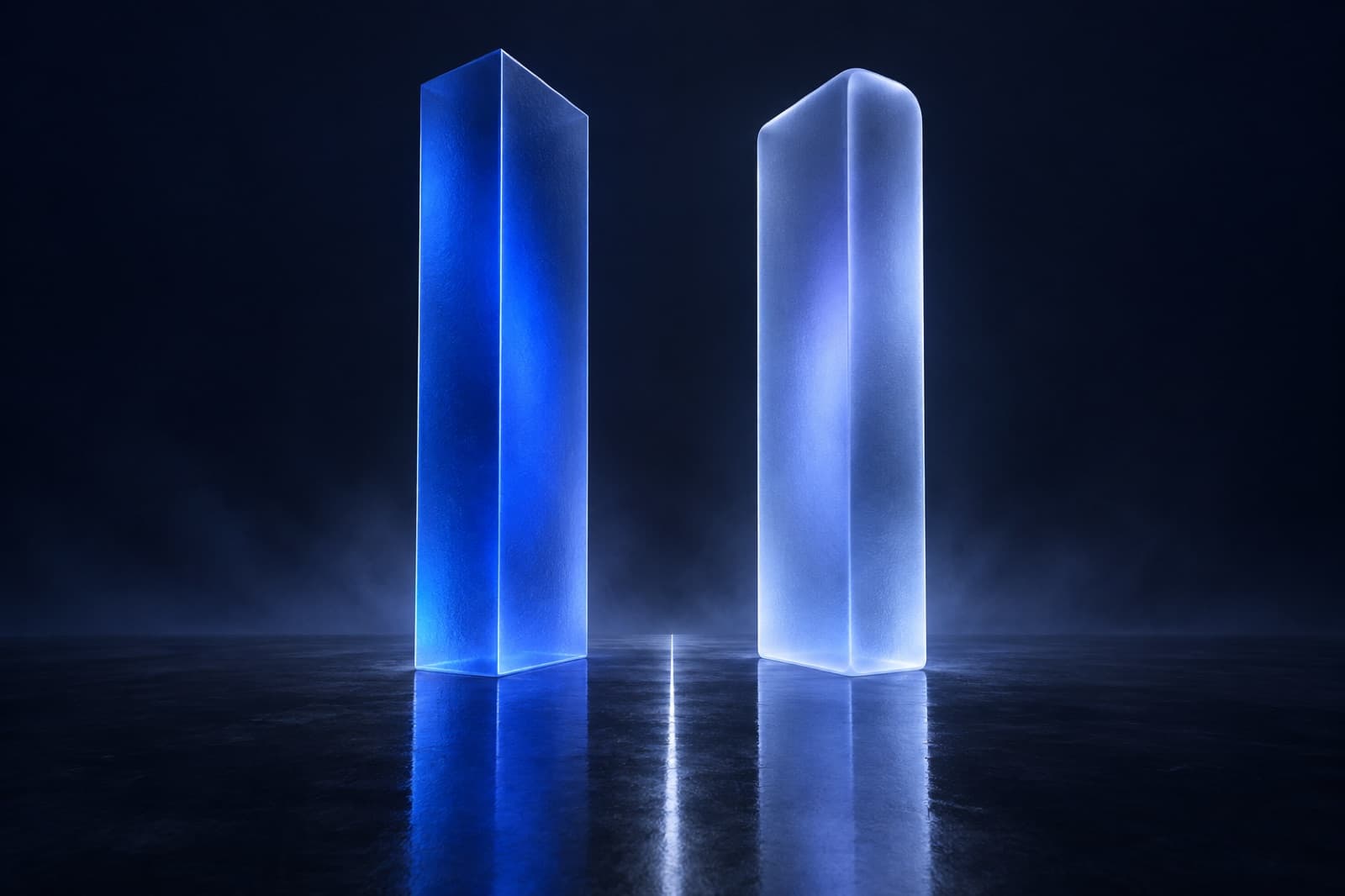 Two frosted glass monoliths facing each other, one lit royal blue and one lit periwinkle